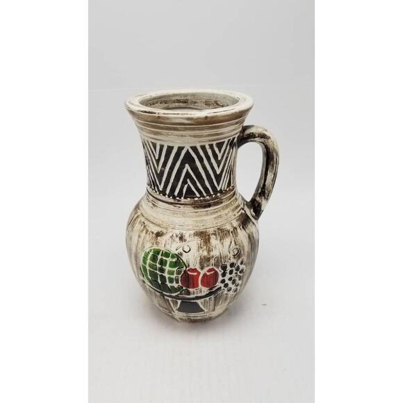 Vintage Pottery Vase, Pitcher Style Handle, Hand Painted Fruit, Japan - Picture 4 of 6